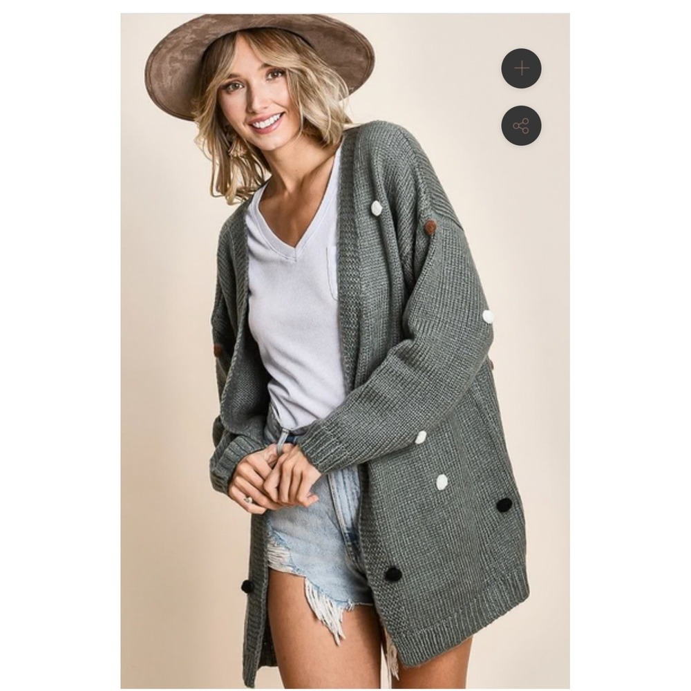 BIBI Gray Pom Pom Chunky Knit Cardigan Sweater Womens Medium Boho Open Front